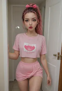 (A short girl:1.4), Nezuko from demon slayer, huge boobs, (big pink eyes:1.3), (teen:1.5), instagram slut, perfect skin, thick lips, extremely beautiful face, head to thighs, elsa from, messy hair, bangs, gorgeous, waist, big lips, smilling face, dangling jewelry, hoop earrings, tamada heijun art, perfect body, beautiful wet shiny long hair, wet skin, extremely realistic, beautiful face, (seductive look:1.5), (orgasm face:1.5), (red lipstick:1.2), cartoon art style, ware pink tshirt, ware pink skirt, bow, ware pink hair bow, (long black ponytail:1.3), she lifted her skirt, showing her pink panty, at door