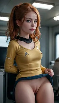on deck of entreprise, ginger hair woman, in sexy star trek uniform suit, sitting near computer, ((lift mini skirt)), legs apart, (no panties), ((topless, tits out:1.1)), fingering her pussy, raw, Portrait, professional, color, grading, startrektos, dress, view from below, between her legs, breasts, cutout, clothing, nipples, skirtlift, <lora:MJ52:1.6>, <lora:208210_training_data:1.5>, <lora:TOSXL-000040:.8>, <lora:2BoutOvalSDXL2-000002:1.9>, <lora:skirtlift_xl:1.4>