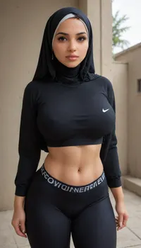 huge, breasts, massive, supermodel, face, big, lips, Nike, Pro, Leggings, Shorts, hijab, <lora:SDXL_MassiveCowsLoRA_v1:1.8>, <lora:Beautify-Supermodel-SDXL:1.3>, <lora:Leggings:1.2>, <lora:hijab_xl_2.0:1.4>, <lora:BreastleMania:.8>