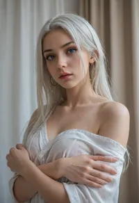1girl, solo girl, Nezuko from demon slayer, sadako, Japanese, (teen:1.5), (blue eyes:1.3), (short white hairs:1.3), short hairs, perfect skin, thick lips, extremely beautiful face, small lips, smilling face, hoop earrings, perfect body, beautiful wet shiny long hair, wet skin, extremely realistic, beautiful face, (seductive look:1.2), (orgasm face:1.2), she ware white top, she ware white hairband, (standing in folding arms together:1.3), (stand in attitude:1.3), curtains, low ange view