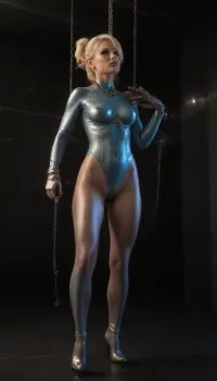 hyper photorealistic masterpiece, maximum quality, maximum details, maximum realism, score_9, score_8_up, (spaceship:2), (blonde hair, pubic hair), (Mature woman), (standing, wrists shackled to spreader bar above head, ankles shackled to spreader bar.5), (chromatic silver high heel boots, silver harness:.9), (translucent blue latex bodysuit:1.1), (silver latex stockings, silver latex gloves:.9), (realistic anus, realistic vagina), sad, silver collar with chain, (nipple clamps chained to collar), pImgFixerPre0.3, detailxl, NEGATIVE_HANDS