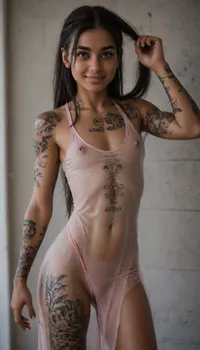 young african girl, 18 years old, (young:1.4), (petite:1.4), ((slim:1.4)), (thigh gap:1.4), (short:1.3), (flat chests:1.4), (pierced nipples:1.4), transparent minidress, lowering straps on dress, big v cleavage, cute girl, long hair, bangs hair, toned thighs, narrow ass, narrow hips, athletic, (her body covered with tattoos:2), shaved pussy, leaning against a wall, standing doggystyle fuck, girl covered in cum, abs, cute round face, african face, thick eyebrows, detailed face, (perky smile:1.4), (black skin:1.8), wearing silk tank top pulled over her tits, detailed tank top, cleavage, girl wearing half down pants, girl detailed denim pants, wearing pink string panties, panties pulled aside, detailed pink thong, wearing small backpack, school backpack, detailed petite body, hair pull