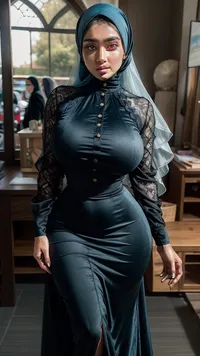 A beautiful muslim woman, (closed long fitted velvet shirt dress with buttons, black collar, lace sleeves), (maxi dress), ((no nude)), (bodybuilder body), (wide hips), (little girl:1.4), (), (hijab), (((seductive face))), wearing sunglasses, pale skin, blue eyes, pakistani young adult girl, (18 years old), perfect skin, (outside), best quality, ultra-detailed, masterpiece, finely detailed, highres, 8k wallpaper, (((masterpiece quality, realistic photo, real, ultra high quality))), ((full-length photo)), ((())), ZH_BRamos, <lora:ZH_BRamos_v1:.5>, <lora:breastsizeslideroffset:1>, <lora:microwaistV05:.5>