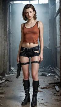 (full body portrait), stands in a relaxed 3/4 pose.

The image shows a woman standing upright and looking forward. She has short brown hair and fair skin.

She is wearing an orange tank top, a long black sweatshirt made of a large mesh, black pants with the right leg torn off, black flared jeans, and black boots. She wears a black harness that goes around her chest and back. Around her waist is a wide belt with a rectangular silver buckle. On each leg she has belts that go around her hips and holsters with pistols.

She holds a submachine gun in each hand, background, destroyed world, city ruins, post-apocalypse., <lora:ahxl_v1:.8>, <lora:Thigh_gap_SDXL:.8>, alic3apocalypse, she, is, wearing, apoc, outfit, brown, wavy, wet, a, bath, towel, holding, gun, shotgun, <lora:alice resident evil sdxl:.8>, Chern4byl, enviroment, <lora:PostApocalyptic_Chernobyl_v3:.8>