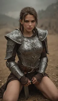 Female paladin, strong and determined, armor dented and scratched from battle yet still gleaming in places, short-cropped brown hair matted with sweat, a faint scar across her cheek, eyes burning with unshakable resolve, wearing a tattered tabard over heavy plate, gripping a longsword with dried blood along the blade, large shield marked with her deity’s symbol and battle damage, kneeling amidst a muddy battlefield lit by a dim golden light breaking through storm clouds, cinematic and ultra-realistic fantasy art