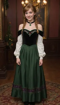 1 woman, 25 years old, (Anna of Arendelle), (Frozen), (Disney), white skin, smiling face, adorable, blue eyes, reddish strawberry blond hair, (two braided pigtails), (long hair), bangs, freckles, skinny, small waist, (small breasts), ((coronation dress with a black sweetheart bodice, dark green off-the-shoulder straps, rosemaling, and embroidery)), floor length olive drab pleated skirt, thick black satin choker, castle ballroom, decorations, party, standing, anna, of, arendelle, bare, shoulder, black, bodice, green, skirt, necklace, updo, purple, cap, twin, braids, winter, mountain, outfit, cream, jacket, pumps, white, dress, nightgown, boots, tunic, long, hair, cloak, long-sleeved, bag, blue, christmas, queen, tiara, shoes, sunflower, pattern, deepblue, legwear, vest, <lora:ahxl_v1:.8>, <lora:288671_training_data:.8>