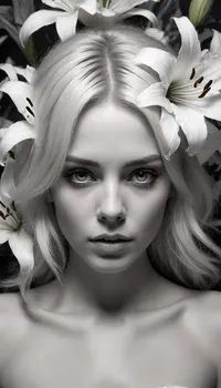 5000000010.120, drawing on a sheet of paper, woman with a flower in her hair, by Allan Linder, digital art, white lilies, scattered pencils and a mug of coffee, monochromatic airbrush painting, steven meisel photography, wallpaper, 1 0 2 4, girl with white eyes, pure b & w, jean-sebastien rossbach, with flowers, 2 D, white fringy hair, icon black and white, lilies