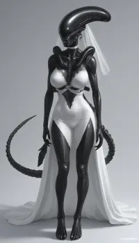 solo, (((female xenomorph black body, xenomorph black legs, xenomorph black feet, xenomorph black head, xenomorph black face, xenomorph black claws, xenomorph black fangs))), wearing tight fitting lace wedding dress and wedding veil stomach cutout