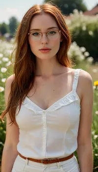 30 years old woman, she is attractive model, long dark ginger hair, she wears eyesight glasses, full lips, she wears a white summer blpuse and jeans skirt. Amateur selfie, amateur image, realistic amateur photo, taken by iphone. Sunny day, outside., <lora:add-detail-xl:.8>, <lora:MJ52:.8>, green, blue, brown, perfecteyes, <lora:PerfectEyesXL:.8>, perfect, eyes, skin, blemish, detailed, <lora:polyhedron_all_sdxl-000004:.8>, instagram, model, discord, profile, picture, <lora:SelfiePhotographyRedmond:.8>