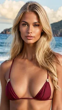 Beautiful, 22 year old brazilian supermodel, 1.76 meters tall, (dark tan:1.3), bronze skin, (super long blonde hair with brown highlights:1.4), detailed brown eyes, (professional make up job, eyeliner, blush, mascara), long eyelashes, (high cheek bones:1.4), (button nose:1.3), (full pouty lips:1.2), firm 34c cup breasts, tight small ass, long shapely legs, long feminine arms, shaved pussy, smooth skin, pefect eyes, perfect teeth, painted fingernails, perfectly proportioned, highly detailed body and face, highly detailed background, wearing a hot, (dark red thong string bikini, triangle top), cameltoe, at the beach, (((closeup of face:1.4))), (profile:1.4), (close up view), ((attention to detail)), <lora:RMSDXL_Photo:1.9>, <lora:add-detail-xl:1.1>