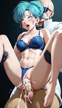 Bulma from Dragonball, being fucked by Master Roshi from Dragonball, Doggystyle, reverse, vaginal, head thrown back, (Bulma, slender body, medium breasts, squirting, below view, Bulma with light blue hair, shoulder length hairstyle, blue lace bra, ripped blue thong, ahegao, no glasses), suspended congress, cum on belly, cum on chest, cum in vagina, 1 girl, 1 man, ((flat)), pussy penetration, cum in pussy, flat belly, bare feet, side view, Master Roshi is bald with a grey mustache and black shades, dark bedroom Background, 90s anime