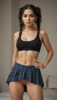 latina, black hair, twin tails, upskirt, puffy pussy, puffy labia, (excessively pronounced puffy labia:1.3), tits