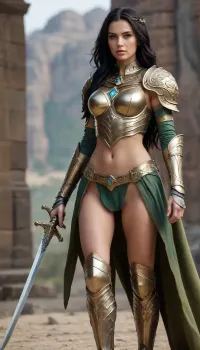 A realistic full body image of a stunning, tall, slim beautiful warrior with flowing long black hair. She has perfect body, blue eyes, dimples, seductive expressive, little perky breasts, and thin pubic hair. She wearing full body golden armor, with strange curves and carvings, diamond headband, and flowing green robe. The armor has full arms guard, big layered pauldrons, neck guard, ornamented breastplate, full legs guard, thighhighs boots, waist, and layered hips. She holds a massive huge long sword, suits with the armor style. She stand in fighting stance, swinging the swprd in dynamic position, on the rocky battlefield. Beautiful woman, ((full body)), perfect face, perfect body, good shadow. Cinematic lighting, well lit, best quality, photorealism, ultra realistic, hyper detail, detailed face, high resolution.