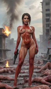 8k, dslr, highest quality, ultra detailed, masterpiece, ((PORN IMAGERY)), ((SEXY)), ((SHE IS GRINNING)), ((SHOOTING HER GUN IN THE AIR)), a helicopter exploding in the sky behind her, sexy comic graphic of a urban battlefield filled with dead bodies and carnage, a sexy athletic but voluptuous tall assassin is standing seductively with one leg confidently perched on top of a pile of dead soldier bodies and firing, a, vkrsmmg, machine, gun, weapon, muzzle flash, blood stained knife in her other hand, ((she is standing on a mound of hundreds of gory dead bodies)), dead bullet-ridden bloody bodies all over the ground, small sexy and evil smile, aiming, Explosion, Artstyle, Blood_Covered, woman, small, breasts, medium, large, spreading, legs, creampie, pussy, nude, body, closeup, <lora:Vickers_Medium_Machine_Gun_SDXL:2>, <lora:Explosion Artstyle - Trigger is Explosion Artstyle:1.8>, <lora:ThePitXL:1.9>, <lora:Blood_Covered-step00001743:1.8>, <lora:nsfw-xl-2.0:1.8>