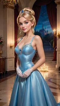 (masterpiece, best quality, ultra-detailed, photorealistic, highres, vivid HDR), 1girl, named Cinderella, unique character, 21 y.o., slim elegant body, narrow waist, graceful hips, long legs, smooth fair youthful skin, delicate symmetrical face, large bright blue eyes, soft pink lips, gentle natural smile, silky blonde hair styled in neat bun with jeweled tiara, fully dressed, elegant fitted blue ball gown, satin fabric hugging waist and chest, wide flowing skirt, silver embroidery details, long white gloves, crystal slippers, standing gracefully in royal palace ballroom, golden chandeliers shining, marble staircase in background, candlelight reflections, moonlight through tall arched windows, cinematic atmosphere, tack sharp, vivid HDR, ultra-detailed fabrics and textures, <lora:SDXL_BetterFaces-LoRA_v1:.8>, <lora:SDXLFaeTastic2400:1>, <lora:add-detail-xl:1>, <lora:Microwaist_XL_v01:1>, <lora:princess_xl_v2:.8>