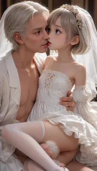 100 old grandpa with big cock with 18 year old petite woman with very small breasts and hard nipples, (Very petite:2), very small body, (smalll girl:1.3), (preemature:1.3), (teeen:1.5), (little:1.5), (small:1.5), (mini:1.5), (18 year old, beautiful blue eyes, cute girl, white hair, hair, very small ass, small breasts, nude, slim), very small slim body, short girl, (young adult:2), very cute face, short young body, tinymodel, small frame, (girl is very cool anorexic, flat chest, flat ass, thin legs, thin waist, skinny belly, white hair, skin is oiled), ((nude)), small breasts, short white hair, sitting on grandpa's lap, nude, tits out, grandpa holding her tits and pussy, tongue kissing, ((spooning:1.2)), white, thighhighs, (short, hair:1.7), hair, on, one, eye, frills, puff, sleeves, (white, bridal, dress, veil:1.5), <lora:Nier_Automata_2B_White_Wedding_Dress_Bride_Cosplay_Realistic_LoRA:.8>