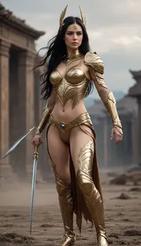 {{{high Resolution, realistic, cinematic, masterpiece, best quality, high details, extremely high quality, ultra high detail}}}, (Full body), 1girl, a stunning, tall, beautiful woman, blue eyes, long black hair flowing partially beneath her head circlet, long spear., ((She wearing majestic and futuristic full-body golden armor, with elegant and detailed designs, full of intricate ornaments and carvings)), flowing torn tattered robe, (Her breastplate is damaged, broken tattered, making her body partially naked, revealing her little perky breasts and her crotch), . The woman stand in fighting stance, dynamic pose, looking to the side, swinging her spear, on muddy ground, cloudy sky. Camera shot from beside.