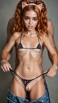 masterpiece, award winning photo, detailed face, realism, passion, lust, ultra realism, UHD 8K, extreme realism, maximum detail, best quality, skinny petite body, point of view from above, gorgeous asian girl, highly detailed face, biting her bottom lip, cat eye makeup, crying, cat ears head band, perfect teeth, tight ass, tiny ass, skinny ass, narrow hips, beautiful face, very small breasts, messy black hair, twintails, bangs, summer dress, ((sex, standing anal)), large erect, thick cock, bent, over, looking, back, standing, close up view, glasses, pale skin, (small tits), tan lines, (freckles:1.5), long ginger hair in up buns, lean body, super waist, looking at viewer, in the background, night, unbutton jean, open jeans showing patterned micro g-string panties, (micro g-string thongs:1.4), (hands pulling panties a side pussy lips), (pulling panties tight:1.4), <lora:RMSDXL_Enhance:1.3>