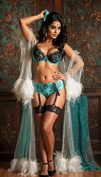 masterpiece, best quality, 1girl, beautiful busty sexy Indian woman, glamorous face, strong eyebrows, dark complexion, slender, long black hair, huge huge breasts, black thighhighs, turquoise lace panties, turquoise lace bra, black lace garter belt, open clothes, solo, (bright orange background), turquoise, but, <lora:MJ52:2>, <lora:BUT_SDXL_SHS:.3>, <lora:add-detail-xl:2>