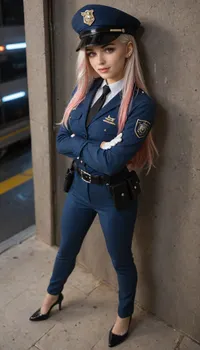 masterpiece, best quality, highres, absurdres, very awa, 1girl, solo, long hair, multicolored hair, black hair, white hair, pink hair, blue hair, ear piercing, lip piercing, policewoman, police uniform, collared shirt, white shirt, police hat, peaked cap, outdoors, sky, night, shadow, scenery, reflection, reflective floor, building, against wall, from side, crossed arms, pink eyes, pants, blue pants, belt, belt pouch, white gloves, jacket, blue jacket, from above, full body, looking at viewer, high heels, black footwear, wide shot, v-shaped eyebrows, smirk, parted lips