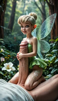 score_9, score_8_up, score_7_up, Disney, cute oiled wet after bukkake, tiny fairy on the side a gigantic cock, arms and legs wrapped around cock, titjob, (detail gigantic cock:1), (gigantic size difference:1.5), (laid on cock, cock is her bed), Tinkerbell, 25 year old, fairy wings, micro-dress, slutty green panties, sexy dress, sexy pose, (flatchest), focus on face, frontside view, looking at viewer, forest many flowers, illuminating Tinkerbell igbaddie, <lora:MJ52:.8>, Tinker-Bell, <lora:Cine Princesses:.8>
