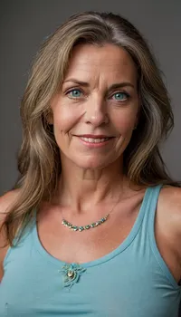 (Brunette Gilf:1.4), beautiful 60 year old woman stood in a, (photography studio:1.6), (perfect studio lighting), (obese:1.5), drooping, saggy, (smile:1.3), (upper body shot), (detailed skin:1.8), (long brown straight hair with gray highlights:1.3), (big light blue eyes:1.3), (detailed eyes), (chubby face:1.3), wearing a lowcut v-neck white sleeveless T-shirt, braless, Wearing, clothes, that, make, sense, with, Braless>, green, eyes, blue, perfecteyes, <lora:bralessSDXL_v1_00022:.5>, <lora:PerfectEyesXL:.3>, <lora:MJ52:.2>