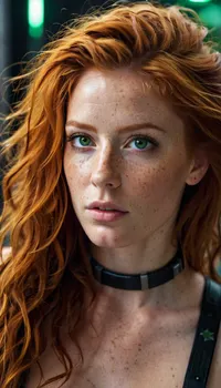 woman, female, 25 years old, long ginger hair, messy hairstyle, green eyes, freckles, uggly, extrem deep cleavage, eye contact, cyber punk, in space, dark starship, uggly window, stars, high detailed, close to face, portrait