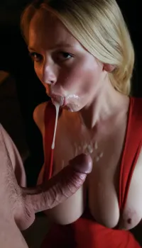 innocent 18yo cute blonde skinny girl, extremely sexy feminine face, ((covered in thick cum)), skin tight dark red dress, ((anorexic body)), (big perky breasts out), sucking huge white cock, tack sharp, ultra realistic, cinematic dark lighting, (close-up), playfully looking at the viewer, an interplay of light and shadows, artsy, view down on her