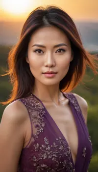 Professional awardwinning photograph of a 35 year old eest-asian woman, creative vision, perfect composition, perfect focus, perfect balanced exposure, ((upper body in frame:1.3)), ((cute tall:1.3)), extremely beautiful, perfect beauty, perfection, gorgeous face, perfect body proportions, extremely detailed face and eyes, perfect skin, extremely detailed skin, extremely detailed hair, tranquil environment, warm sunlight, extremely detailed lighting, extremely high resolution, uhd, 8k, masterpiece