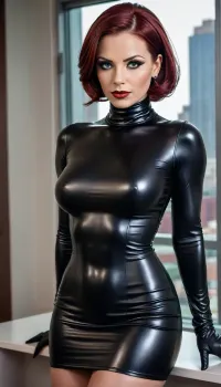 sexy and beautiful executive girl woman, tight black PU sledge dress, long black elbow leather gloves, high heels platform leather boots, over knee, flaunting bubble butt, pearls collar, perfect lips, perfect eyes, dark gothic make up, dark gothic eyes shadows, long dark gothic eyeliner, velvet matte liquid carmine lips, blunt bob hair, red hair, SEXY FACE, full body view, <lora:uberfit_lora_sdxl:.5>, <lora:bombshell_v2:.5>