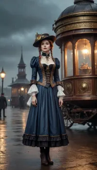 Steampunk style casmoport, arrival of an old very old starship, first starship late night, rainy or windy weather, greeting girl in Victorian dress standing nearby