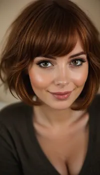 ziprealism, (intimate romantic moment esthetic, relaxed casual scene, private nude photo collection), (romantic intimacy, soft mischievous grin, sensual lounging pose, wry teasing gaze:1.6), (f/2.8, shallow depth of field, high angle view, focus on lips:1.2), (subtle bokeh:.4), (vibrant auburn hair with coppery highlights, chic French Bob cut hair with blunt bangs:1.8), (large expressive eyes, perfect eyes, vivid stunning eyes, pale skin, soft blush), (cozy bed, warm romantic lighting), (full sensual lips, cupid bow lips), (huge teardrop breasts, massive cleavage, soft breasts:1.6), (reclining, on back, in bed, pillows:1.2), (comfy casual underwear:1.2), <lora:style_lora_realis:1.4>