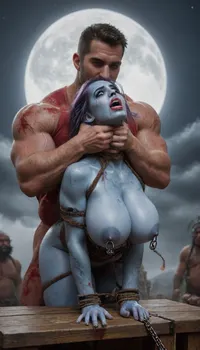 female drow elf barbarian, (dark night blue skin:1.82), tall, angry, busty, curvy, thin waist, big boobs, big butt, slim, athletic, fit, vitiligo, strong, fur pelt armor, dungeons and dragons, purplish blue skin, black and purple hair, Dark, Elf, Warrior, Drow, tattooed, scarred, purple eyes, uberfit, muscular, blue skin, amazon, giant, fur barbarian armor, bloody, blood spatter, bear, bear heart, (in a bloody filed after a battle, white full moon in the sky:1.4), (man is choking her from behind:1.4), ((hogtied, bound with large chains, tied to a torture table:1.3)), cock in mouth, (brutal face fuck), Blowjob, (tears in eyes:1.5), (running makeup), (cum drips from nose:1.3), (cum drips from mouth:1.3), ultra hd, photorealistic, hyper gigantic large black cock in mouth, (((hyper gigantic large black cock in mouth:1.3))), oral cream pie, hair grab, sad, sad crying, tongue out, gasping for air, zavy-brbrn, gangbang, double anal penetration, anal spitroast, groupsex, deepthroat, (4 gigantic African black brute thug, huge trunklike arms, huge head, hyper muscular body, dressed in slave clothes:1.2), ((hogtied, bound for sex, tied up)), (((hyper gigantic large white cock in mouth:1.3))), (pulled nipples:1.2), nipple clamps, (((spitroast))), (((hyper large cock in mouth:1.3))), screaming, shocked, deep anal penetration, Uber realistic, 8k, ultra detailed, masterpiece, arched back, detailxl, 35mm photograph, film, professional, 4k, 1girl, 5 boys, hdr, photographic, ultra realistic, ultra high details, back light, (front view), (dynamic pose), best quality, incredibly lean body, anal sex, with large muscular black men, gargantuan black cocks, anal sex expansion, large hyper muscular fat old men, (double anal sex), swollen white veiny cocks, (double anal penetration), hardcore double penetration, proper physics, big white cocks, muscular white double anal gangbang, (forceful penetrations), extremely graphic, shocked expression, beautiful hands, massive cum in ass defeating a woman in combat, fighting, killing, blood, winning fight, magazine cover, Realism_Quality_2xx_By_Stable_Yogi, score_9, score_8_up, score_7_up, (((very pretty face:1.3))), (((extremely ultra detailed face:1.3))), perfect fingers and hands, upper body view, (extreme size difference:1.6), (ultra realistic), (maximum quality), (high resolution), (extreme detail), (ultra realism), UHD, super high quality, highly detailed, high resolution, perfect lighting, natural lighting, (dynamic angle), (random angle), (random pose), (dynamic view), (random view), volumetric lighting, golden hour lighting, dramatic shadows, rich details, nature-inspired color palette, <lora:Dark_Elf_Warrior:1.3>, <lora:Drow:1.3>, <lora:339100_training_data:1.3>, <lora:uberfit_lora_sdxl:1.3>, <lora:zavy-brbrn-sdxl:1.3>