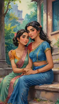 A romantic hand-drawn illustration of an Indian couple, (one male and one female couple), on streets of modern america. Close-up view, sitting together on steps outdoors. The woman is wearing an elegant saree, with large breast, large cleavage, voluptuous body type, stylish hair style. and the man is dressed casually in a t-shirt and denim jeans. They are sitting together playfully, looking directly at the viewer with joy, happy expressions. The man has his arms wrapped around her neck in a tender embrace, and the woman’s face is breathtakingly beautiful, radiating grace and charm. Their connection is deep and genuine, with the woman exuding beauty and serenity. romantic, poetic, artistic, gufeng influence, ink and wash textures, Saree, Indian, ac_neg1, Influencer, Model, j_cartoon, <lora:transparent-saree:.6>, <lora:sdxl_vae:.6>, <lora:J_cartoon:1>, <lora:detailed_notrigger:.8>, <lora:Sattar_Bahlulzade:1.4>