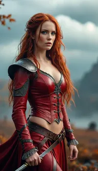 Stunning warrior princess. 30 years old. Long autumn red hair. Red leather clothing. Seductive pose, fantasy mystical setting, mist, cloud, dark, 32k super high quality, ultra realistic, <lora:454069_training_data:1.5>, <lora:Adjust_SDXL_v3.0:.8>, <lora:MJ52:.8>