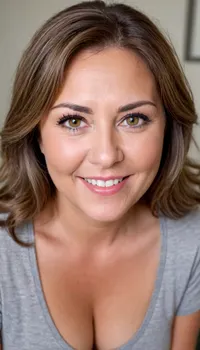 Photo of a fat 60 year old mature brunette woman with beautiful eyes, ((seductive)), realistic skin, skin texture visible, (sharp focus), (high quality), (face visible), ((Detailed Face and Eyes)), 8k high definition, ((tanned woman)), ((striking bright amber eyes)), ((wild light brunette hair with gray streaks:1.3)), ((stunningly beautiful woman)), ((sexy woman)), ((thin low-cut v-neck t-shirt)), ((smiling)), close up, ((leaning towards viewer)), ((saggy)), ((cleavage)), ((pokies)), ((erotic background)), (((perfect lighting))), ((front view)), (((looking at viewer))), (((chubby face:1.3))), (((round face:1.3))), ((mature woman)), (detailed skin texture, skin imperfections), (age-appropriate skin condition, wrinkles, wrinkled skin), downblouse, nipslip, fat，, chubby，, <lora:add-detail-xl:.8>, <lora:RealDownblouseXL2:1>, <lora:chubbyladyXL2.0:.5>