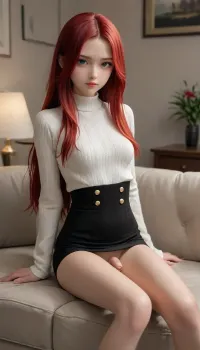 Living room, Futanari, (((very small breasts))), ((small penis)), (((covered in foreskin))), (sweater), (skinny body), red hair, (ultra long hair), (((slim waist))), Sitting on a black sofa, (((thin legs))), 4ng3l, face, RAR, 4v, .9>, <lora:add-detail-xl:.4>, <lora:SDXL_BetterFaces-LoRA_v1:.3>