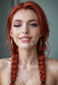 This is a description of a young woman who is posing solo with her hair styled in twin braids and a braid that falls over one shoulder. She has red hair and a smile on her face, with one eye closed as if she's lost in thought. The model wears no clothing, but the image suggests a realistic depiction of her body. There is shading around her eyes to give the impression of depth and realism.
The model appears to be nude, with her breasts and stomach covered by cum that has been applied on her face. She's wearing a facial expression that looks like she's enjoying the sensation of being cummed on. The image also includes bukkake, which is a Japanese term for group sex where multiple men ejaculate onto one woman.
Overall, this description suggests an erotic and explicit depiction of a young woman who is enjoying a sensual experience with her body., bukkake, woman, cum, on, face, <lora:MS_Real_XL_Bukkake:.5>, <lora:JustCum:.5>