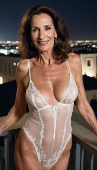 very sexy mature, 65 years old, brunette, skinny, very tall, very super extreme long face, big chin, long huge nose, big nose, huge chin, narrow long face, sexy big mouth smile, very saggy tits, looking at the camera, at the balcony, sexy nightie