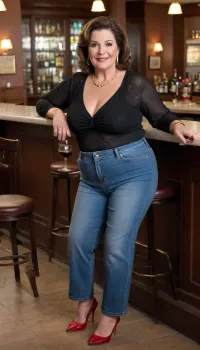 Fat old granny mature, sexy 64 years old, brunette, medium hair, super glamour, gold bracelet, big hoop earrings, necklace, curvy chubby, wide hip, thick legs, cellulite, culottes, tall, very saggy tits, gold necklace, at the bar, small tits, naughty horny flirting face, tight jeans pants, jeans pants tight, long sleeve blouse, seduction, seated, sexy feet high heels, looking at the camera, showing her shoes sexy high heels, sexy granny, perfect face, seated open legs, front view, glass of wine on hands