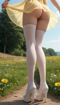 Une petite promenade estivale : la robe jaune transparente et la fille avec un sourire provocateur

- Oui.

Dans le large angle bas vue d'un soleil-kissed, journée d'été rurale, une petite fille avec des cheveux blonds très longs, des pommettes hautes, de grandes poitrines, et une figure curvacue se tenait sur un chemin à travers un champ de fleurs jaunes. Elle portait une robe de soleil jaune transparent, révélant son gros cul et ses tétons. Sans culotte, elle marchait dans des talons blancs, le vent jouant doucement avec sa robe. Un sourire provocateur lui grattait les lèvres alors qu'elle se tournait pour regarder en arrière par-dessus son épaule.