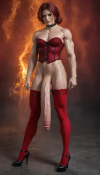 A muscular futa succubus standing confidently against a fiery, hellish landscape. Her skin is a deep crimson or dark shade, complementing the intense red glow of the infernal backdrop. She has sharp, curved horns crowning her head, glowing eyes that exude power. Her physique is both elegant and strong, with defined muscles emphasizing her dominance. The environment around her is chaotic and surreal, featuring rivers of molten lava, jagged rocks, and a crimson sky illuminated by distant flames and shadows. The atmosphere is filled with an aura of mystery and power, The scene is professionally retouched, with vibrant and balanced colors. The photo emphasizes her strong, athletic physique while showcasing the beauty of the natural background, creating a perfect harmony between strength and serenity, huge pubic hair, (vein muscle:1.8), (skinny:1.4), (huge cock:1.8), (red stockings, corset, rings, black high heel shoes, collar, beads), triss, <lora:FutaCockXL:.3>