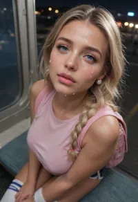 Night, nighttime, dimly lit, empty train, blonde, sophomore, bimbo, braided hair, sitting, tanned skin, ((massive fake h-cup boobs:1.3)), perfect face, insanely beautiful, pearl earrings, small backpack, ((she is lifting her tight pink top:1.3)), white bra, checkered miniskirt, thigh high socks, sneakers, looking up to viewer, ((crying, tears on cheeks:1.3)), ((cum on face)), close view from above