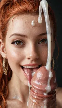 black background, solo, (front view), (Macro photo), (close up), (russian), huge erection, 20 inch penis, (ejaculation:1.6), (detailed penis), view on dickhead, (detailed brown eye), (the eyes are smiling), (detailed iris), (extended tongue), (detailed tongue), tongue licking the penis, naked, massive breasts, long red ginger hair, ponytail, (excessive cum on penis), cum dripping from penis.
