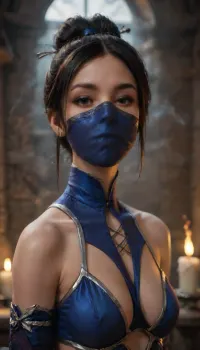 (One young girl), view full body, (Candles burning in the dark in the Shaolin Temple), ("esoteric background of mysterious fog and darkness"), the night is a gloomy fog, (thin), (((hair tied in a bun))), (Kitana Mortal Kombat), (best quality), (mask covers nose and mouth:1.3), (exotic outfit style mortal Kombat), realistic proportions, beautiful girl, ((very thin)), ((narrow cheekbones)), (narrow face), (makeup:1.3), (ultra realistic photography), (maximum photo quality), (high resolution photo), (extremely detailed), (ultra realistic), perfect body symmetry, symmetrical eyes, (perfect eyes), (looking into the camera), (masterpiece), ultra realistic, super detailed, complex details, (Visual contrast), focus clarity, high resolution, 8K UHD, (photorealistic:1.4), (depth of field), <lora:mk kitana:.6>, <lora:192af1bb3d75bab622d76a8c8cf0a0b9:.6>, <lora:Kitana1024:.6>, <lora:nwsj_xl_v2:.4>, <lora:add-detail-xl:1>