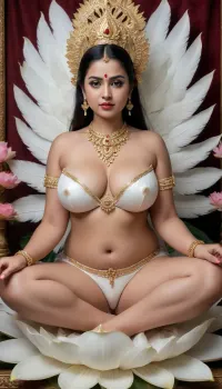 Hindu goddess Kali, (ethnicity, Indian, age:1.1), seated on a large white lotus flower, (detailed clothing:1.2), (detailed lotus petals:1.2), (detailed accessories:1.2), (jewelry:1.2), (facial features:1.3), (expression, angry), (pose, seated meditative pose), (photo model), (realistic), (masterpiece), (young:1.3), (chubby:1.3), (perfect body anatomy), (perfect all fingers), (PORTRAIT), (real young face), centered in the frame, facing the viewer, playing a stringed instrument, (naad), with two white swans, one on each side, (detailed swan feathers:1.2), (detailed swan beaks:1.2), (detailed swan eyes:1.2), . The goddess wears a white, flowing garment, adorned with gold embellishments and jewelry. The lotus flower is detailed, with visible petals and leaves. Soft, light, diffused lighting, creating a bright, warm, and angry atmosphere, (sexy chubby body shape), (plump body), delicate floral decorations, detailed background, photorealistic, digital art, intricate details, very big breasts, very big tits, ultra realistic photo, realistic, hyperdetailed photograph.