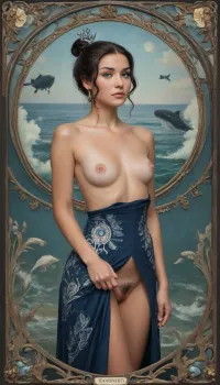 Art Nouveau style, water bender from avatar airbender, Looks like a blue queen of the ocean, ((Art Nouveau ornament of dolphins, whales)), (((Sea themes))), (((waterbender style hair with blue eyes))), (((fins and spray))), intricate revealing tribal dress, very nice small breasts with stiff nipples, beautiful, topless, nice plump pussy with little pubic hair, bottomless, tan, looking toward viewer