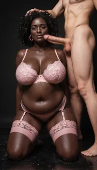 (milf:1.3), voluptuous, obese black african woman, absolutely black skin, deep ebony skin, African, Nigerian, Nubian, (((absolutely black skin))), flat belly, pink stockings, pink garter belt, pink bra, long black hair, messy hair, black room, black background, black floor, (huge breasts:1), 1980s porn style photo, macro photo, kneeling on the floor in a black room, horny look on her face, she is looking at 2 naked white man standing next to her. With 17 inch penis, hard-on, erection, black background.