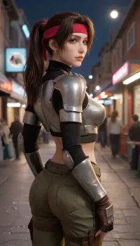 (Masterpice), (HD4K visual), (detailed background), 4K ultra-detailed image, HDR, enhancement, professional photography, precise anatomy, (perfect symmetry, 5 fingers per hand), realistic textures, maximum resolution, sharp focus, NSFW, picture, Jessie Rasberry from Final Fantasy VII with brown hair in a ponytail, a red headband, athletic body, chest armor from the game Final Fantasy VII, green baggy combat pants, metal boots, happy expression, looking back at viewer, mooning, bare ass visible, in a alleyway, at night, neon shop signs lighting, close up, from behind shot, incase, style, ratatatat74, ff7, jessie, facial, expression, <lora:287175_training_data:1.4>, <lora:ratatatat74-000050:1.4>, <lora:ff7 jessie:1.4>, <lora:Expressions XL:1.4>, <lora:mooningv2_SDXL:1.4>