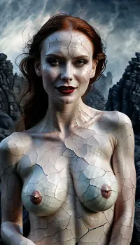 The woman in the picture was a vampire, with long black hair and red eyes. She was standing in a rocky landscape, her breasts exposed and her fangs bared. In the background, there was a foggy landscape with tall trees and dark